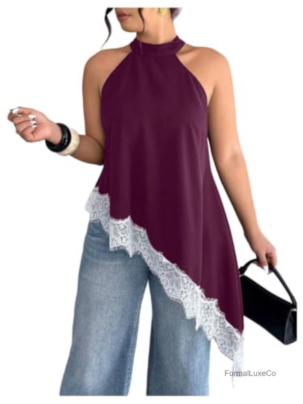 Plus Size Satin Asymmetrical Halter Tank Top Y2K Going Out
